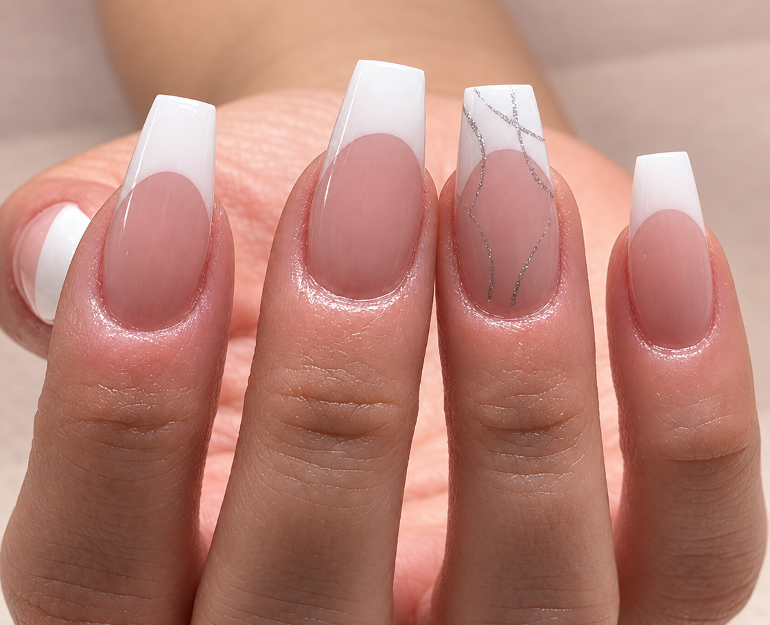 French Nails mit weißen Spitzen und feinem silbernem Liniendesign